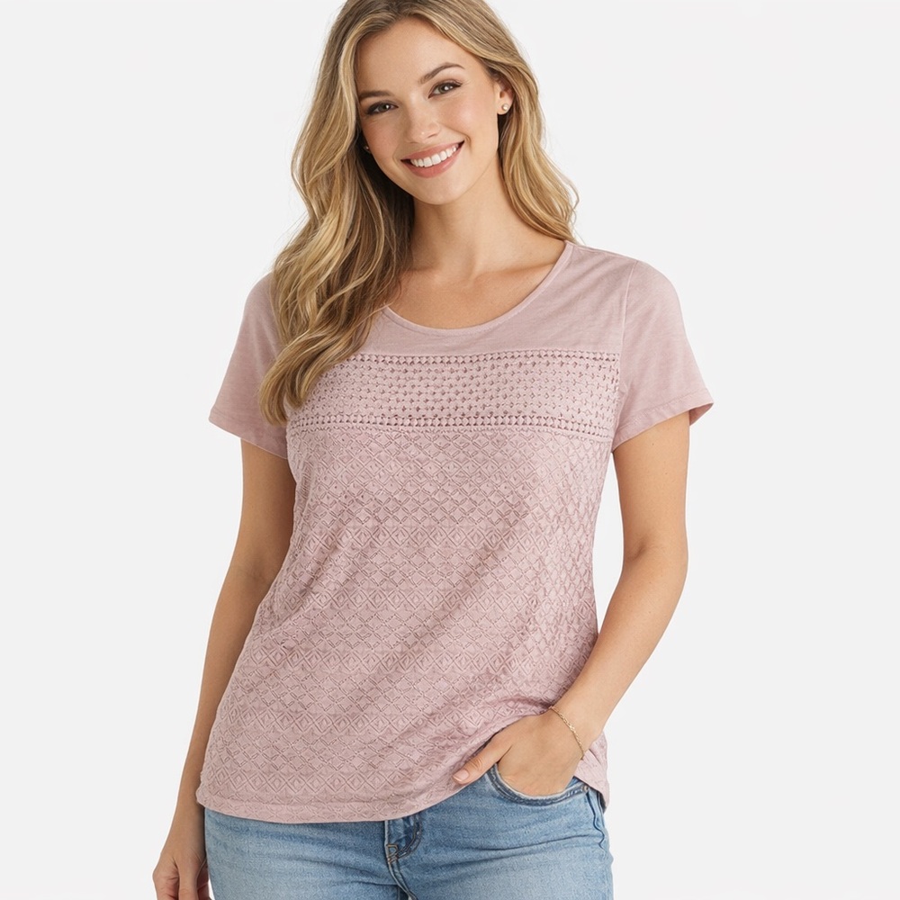 Croft & Barrow Women's Pink Top Plus 1X Lacy Short Sleeve Knit Feminine Pastel